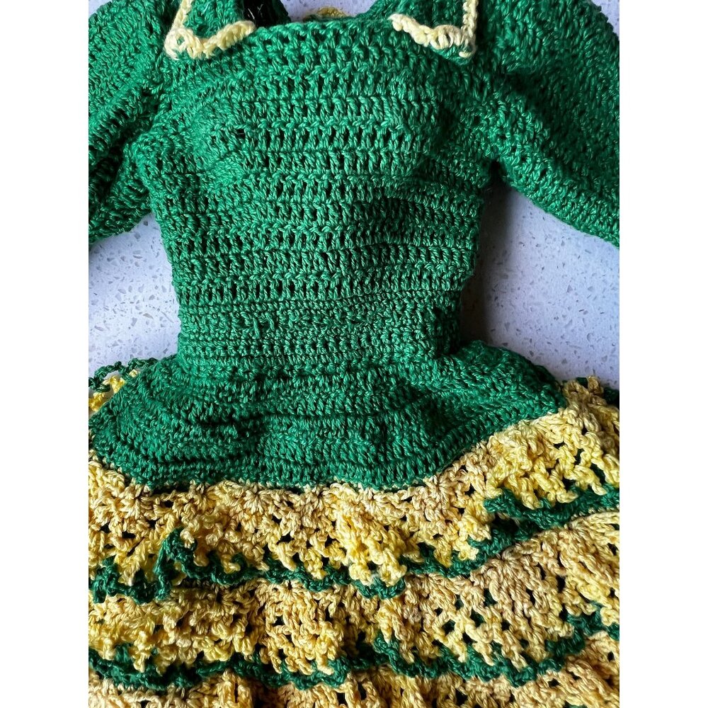 Hand Crocheted Flamenco Dancer Doll Dress for 21” Doll Green Yellow and Red Shoe
